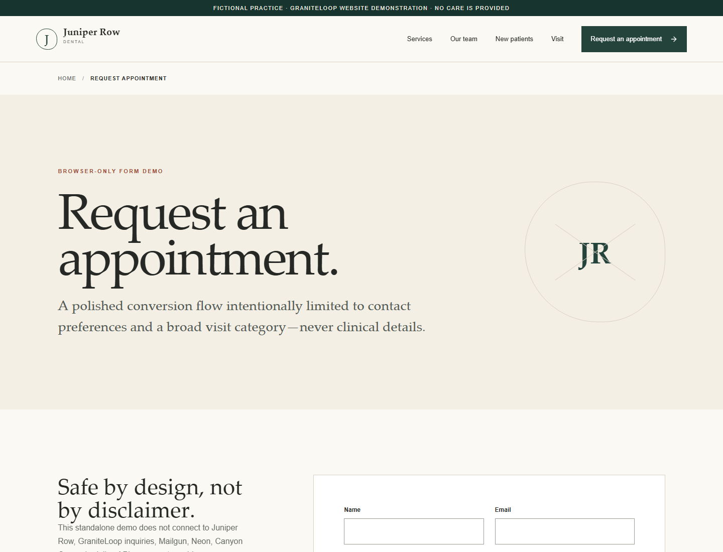 Safe Juniper Row Dental appointment request demonstration