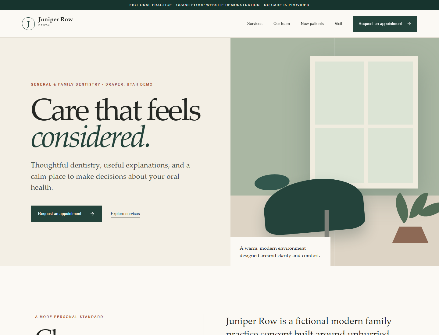 Juniper Row Dental fictional practice homepage on desktop