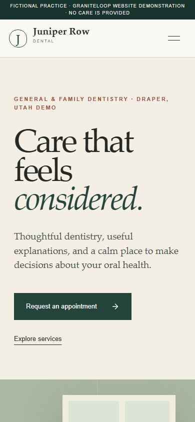 Juniper Row Dental homepage on mobile