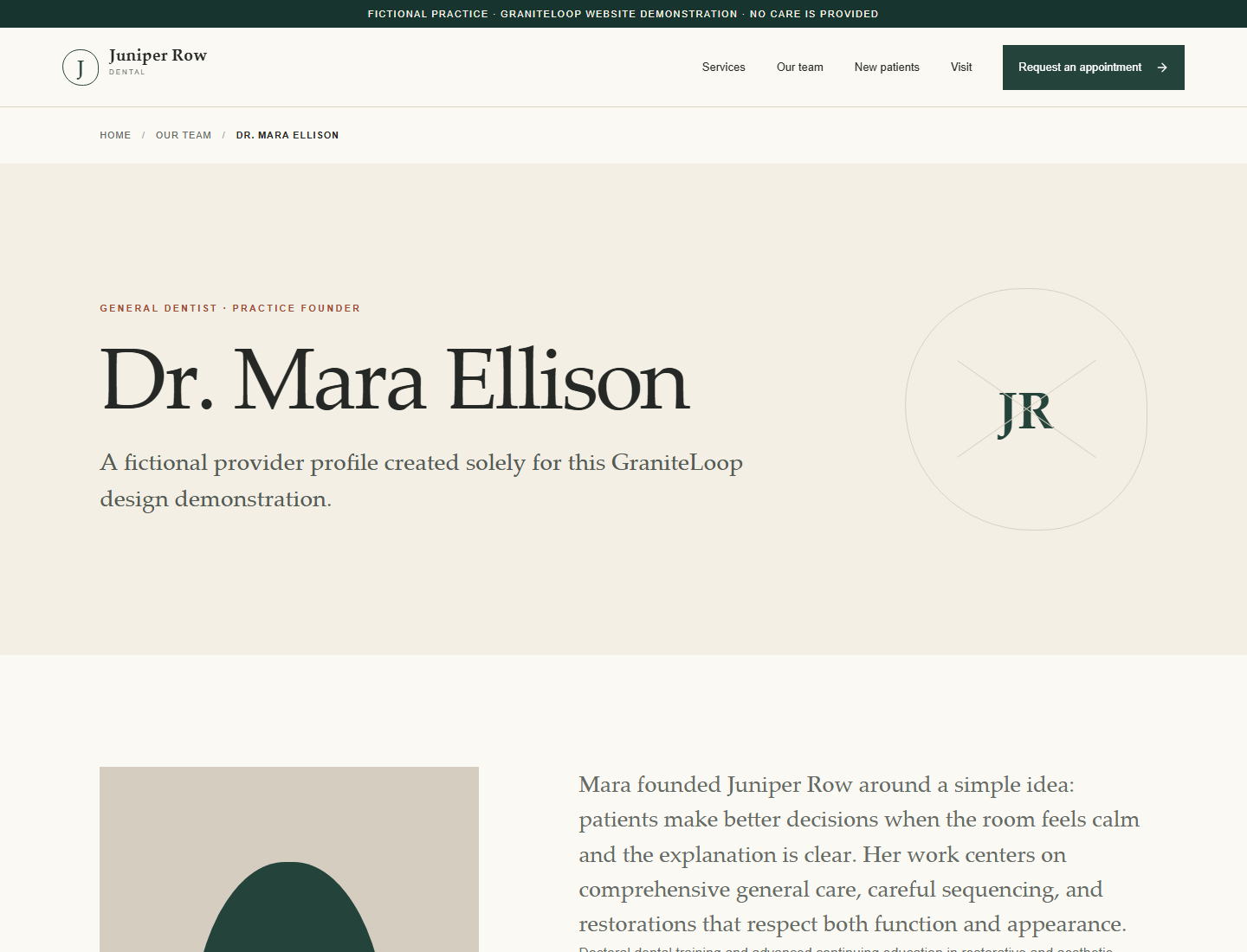 Juniper Row Dental fictional provider page