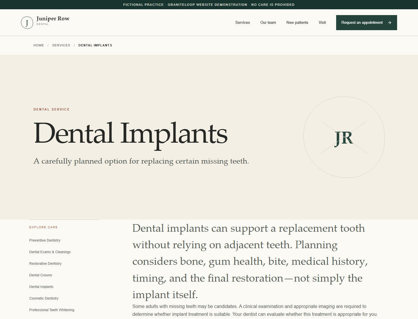 Juniper Row Dental service information page