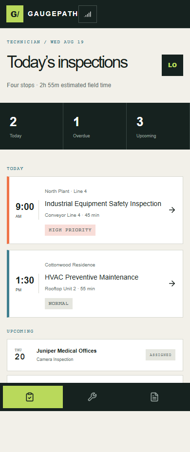 Gaugepath technician assignments on mobile