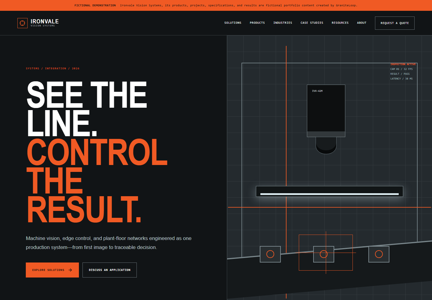 Ironvale Vision Systems fictional industrial homepage at desktop size