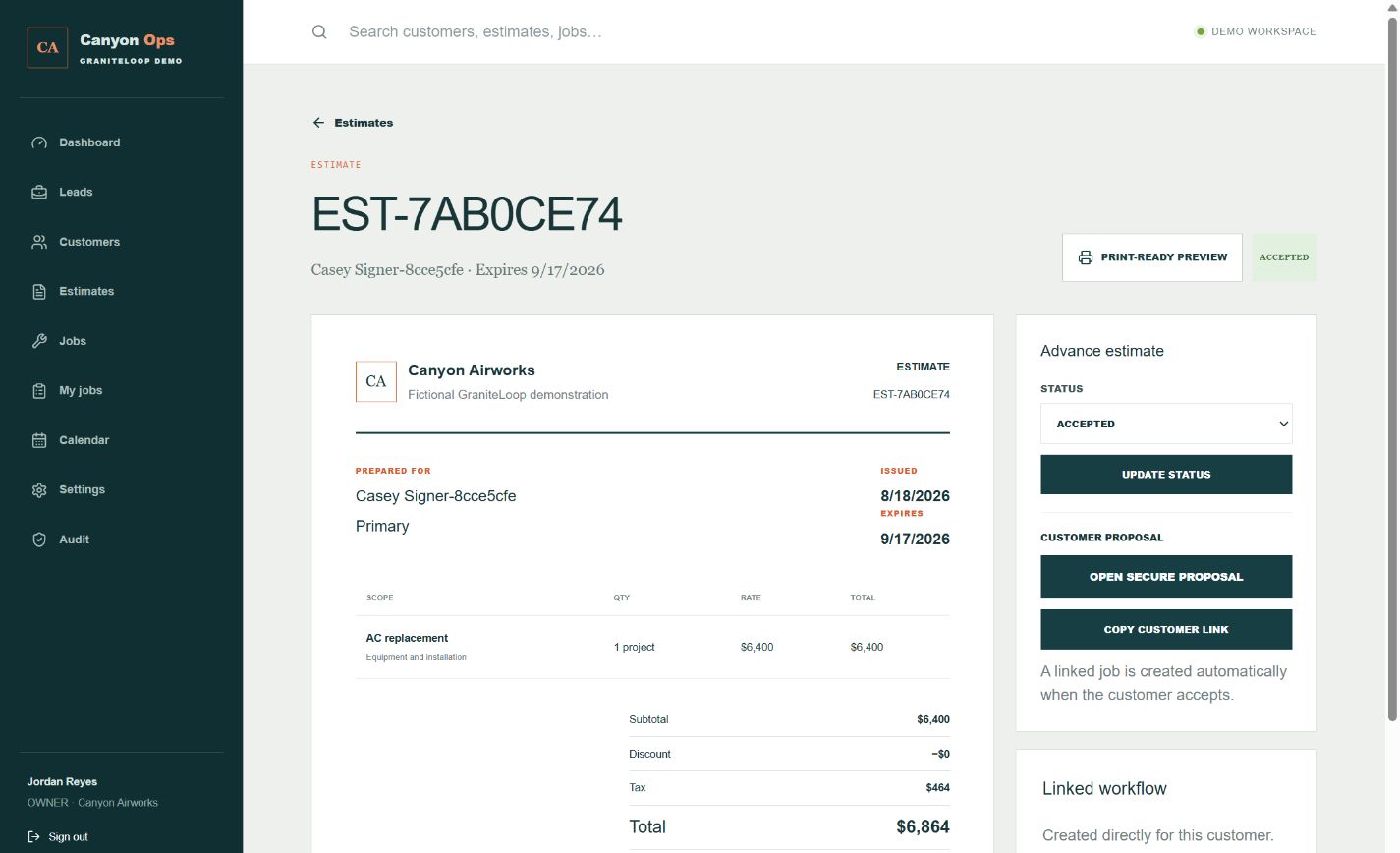 Fictional customer estimate built in Canyon Ops