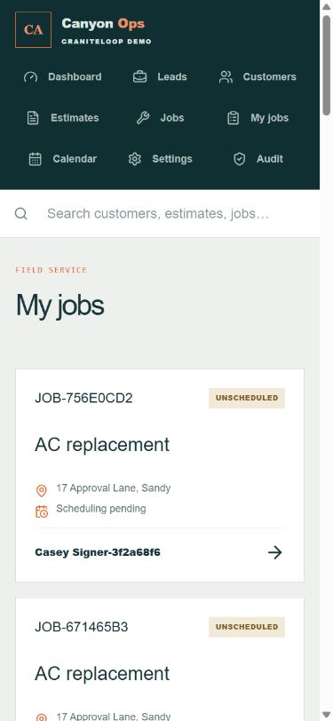 Mobile technician view with fictional job data